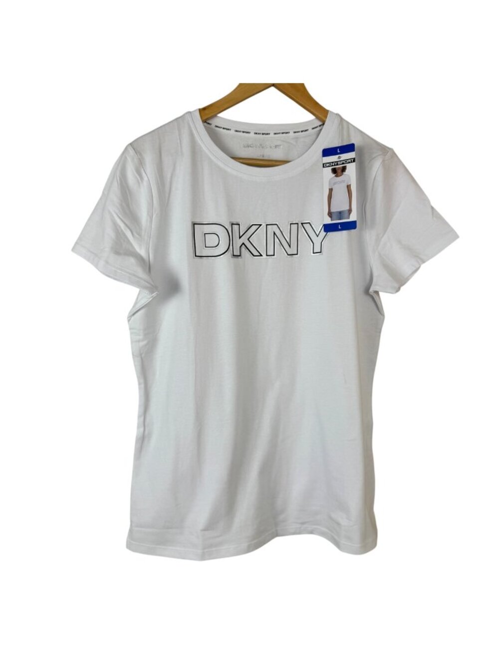 DKNY Sport NEW White T Shirt Women's Large Logo Spell Out Silver Black Casual